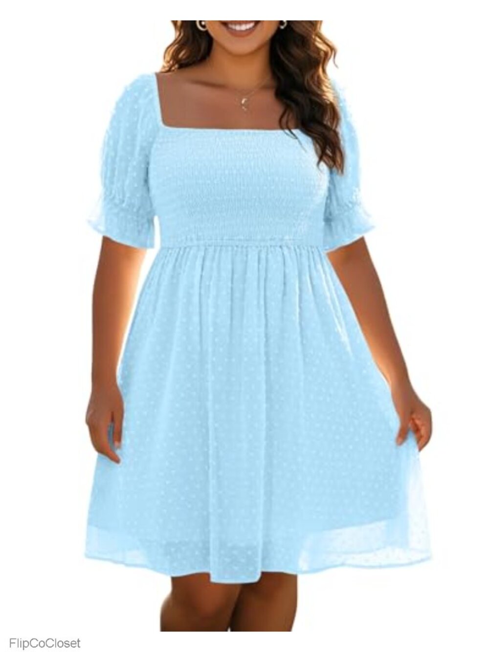 Plus Size Puff Sleeve Swiss Dot Smocked Chiffon Mini Dress